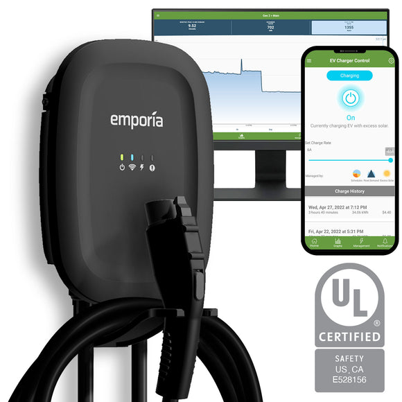 Emporia EV Charger Black | Energy Star | UL Listed | 48 Amp | 24' Cable | 22