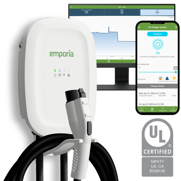 Emporia EV Charger White | Energy Star | UL Listed | 48 Amp | 24' Cable | 22